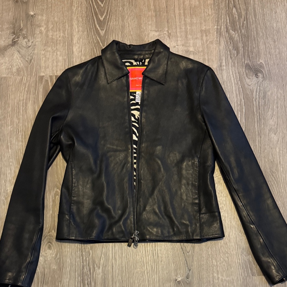 Isaac Mizrahi Black Leather Jacket with Zebra Lining
